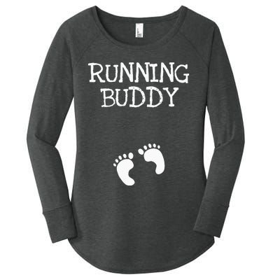 Running Buddy Funny Cute Pregnancy Announcement White Text Women's Perfect Tri Tunic Long Sleeve Shirt