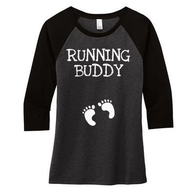 Running Buddy Funny Cute Pregnancy Announcement White Text Women's Tri-Blend 3/4-Sleeve Raglan Shirt