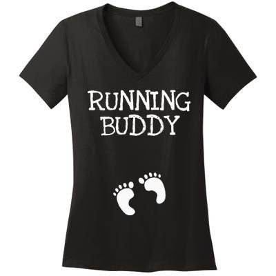 Running Buddy Funny Cute Pregnancy Announcement White Text Women's V-Neck T-Shirt