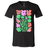 Retro Boho Flowers Floral Pattern V-Neck T-Shirt