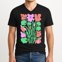 Retro Boho Flowers Floral Pattern V-Neck T-Shirt