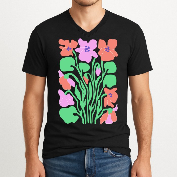 Retro Boho Flowers Floral Pattern V-Neck T-Shirt