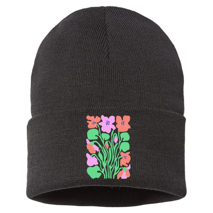 Retro Boho Flowers Floral Pattern Sustainable Knit Beanie