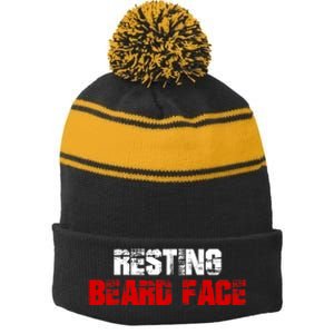 Resting Beard Face Funny Beard Parody Bearded Stripe Pom Pom Beanie