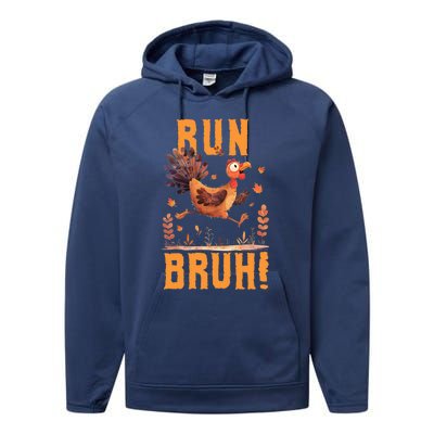 Run Bruh Funny Running Turkey Trot Fun Run Thanksgiving Gift Performance Fleece Hoodie