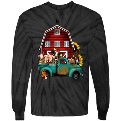 Red Barn Farm Pickup Truck With Farm Animals Farmer Cowgirl Tie-Dye Long Sleeve Shirt