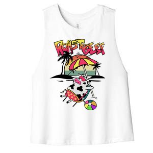 Roast Beef Funny Cow On The Beach Dustin Women's Racerback Cropped Tank