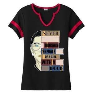 RBG Never Underestimate Power of Girl With Book Ladies Halftime Notch Neck Tee