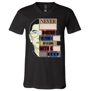 RBG Never Underestimate Power of Girl With Book V-Neck T-Shirt