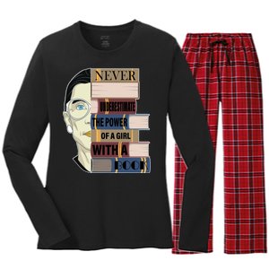 RBG Never Underestimate Power of Girl With Book Women's Long Sleeve Flannel Pajama Set 