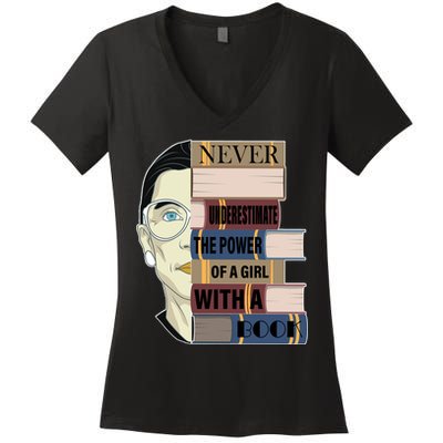 RBG Never Underestimate Power of Girl With Book Women's V-Neck T-Shirt