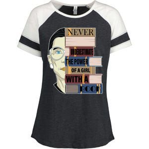 RBG Never Underestimate Power of Girl With Book Enza Ladies Jersey Colorblock Tee