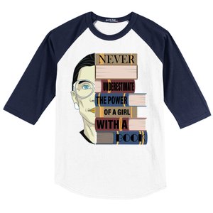 RBG Never Underestimate Power of Girl With Book Baseball Sleeve Shirt