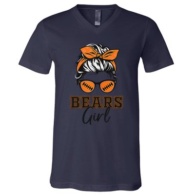 Retro Bears Girl Messy Bun Sports Fan Team Spirit Gift V-Neck T-Shirt