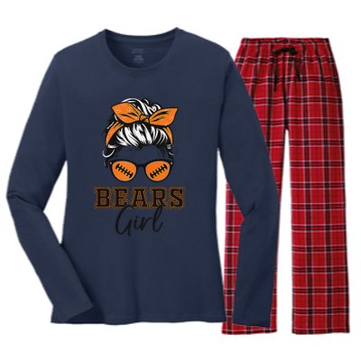 Retro Bears Girl Messy Bun Sports Fan Team Spirit Gift Women's Long Sleeve Flannel Pajama Set 