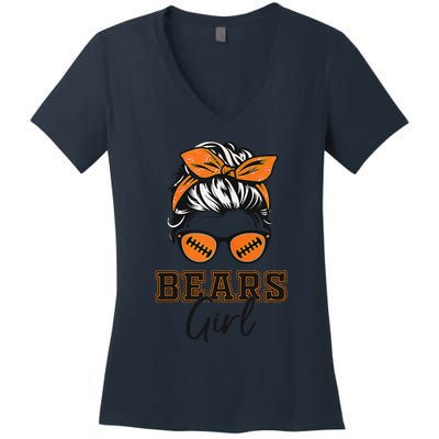 Retro Bears Girl Messy Bun Sports Fan Team Spirit Gift Women's V-Neck T-Shirt