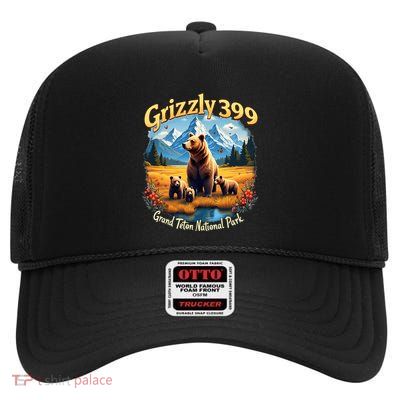 Retro Bear Grizzly 399 Wild & Free Grand Teton National Park High Crown Mesh Back Trucker Hat