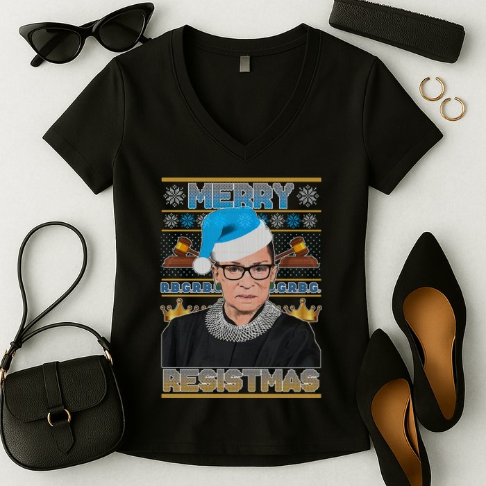 Ruth Bader Ginsburg RBG Merry Resistmas Ugly Christmas Sweater Women's V-Neck T-Shirt