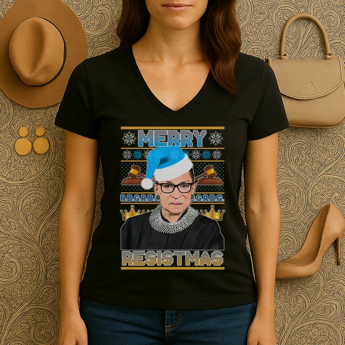 Ruth Bader Ginsburg RBG Merry Resistmas Ugly Christmas Sweater Women's V-Neck T-Shirt