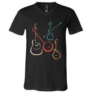 Retro Bluegrass Guitars Banjos Fiddles Mandolins V-Neck T-Shirt