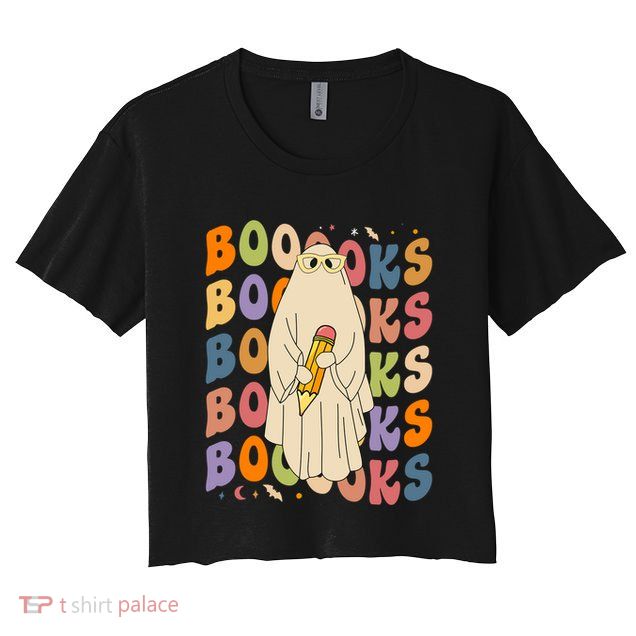 Retro Booooks Ghost Vintage Teacher Reading Groovy Halloween Cute Gift Crop Top