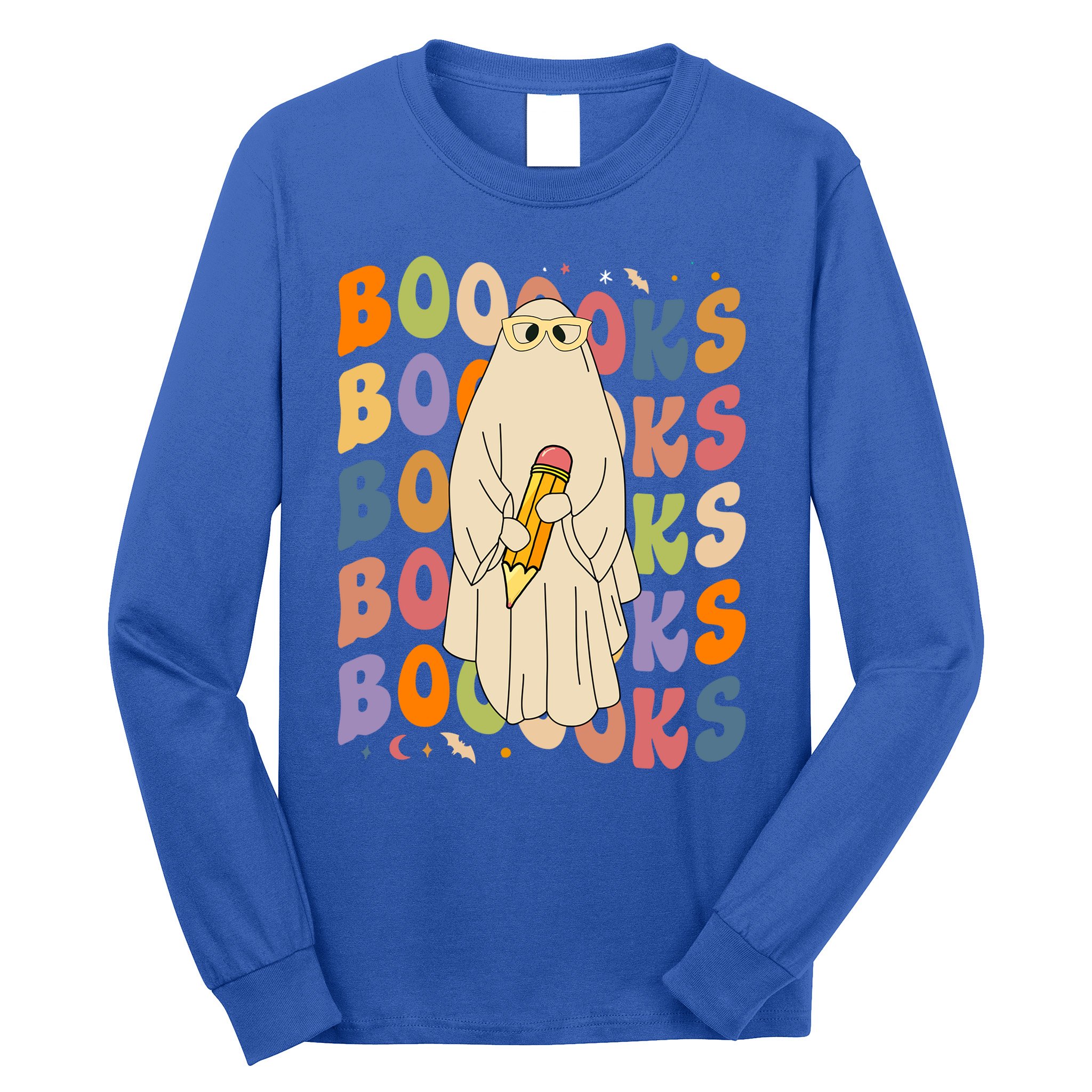 Retro Booooks Ghost Vintage Teacher Reading Groovy Halloween Cute Gift Long Sleeve Shirt