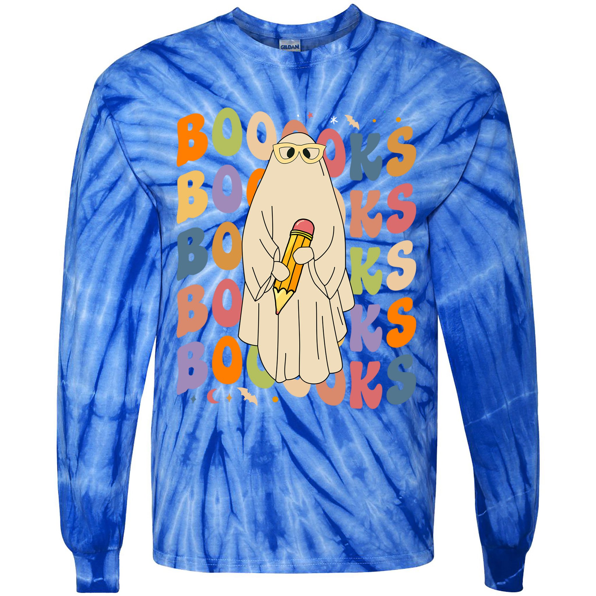 Retro Booooks Ghost Vintage Teacher Reading Groovy Halloween Cute Gift Tie-Dye Long Sleeve Shirt