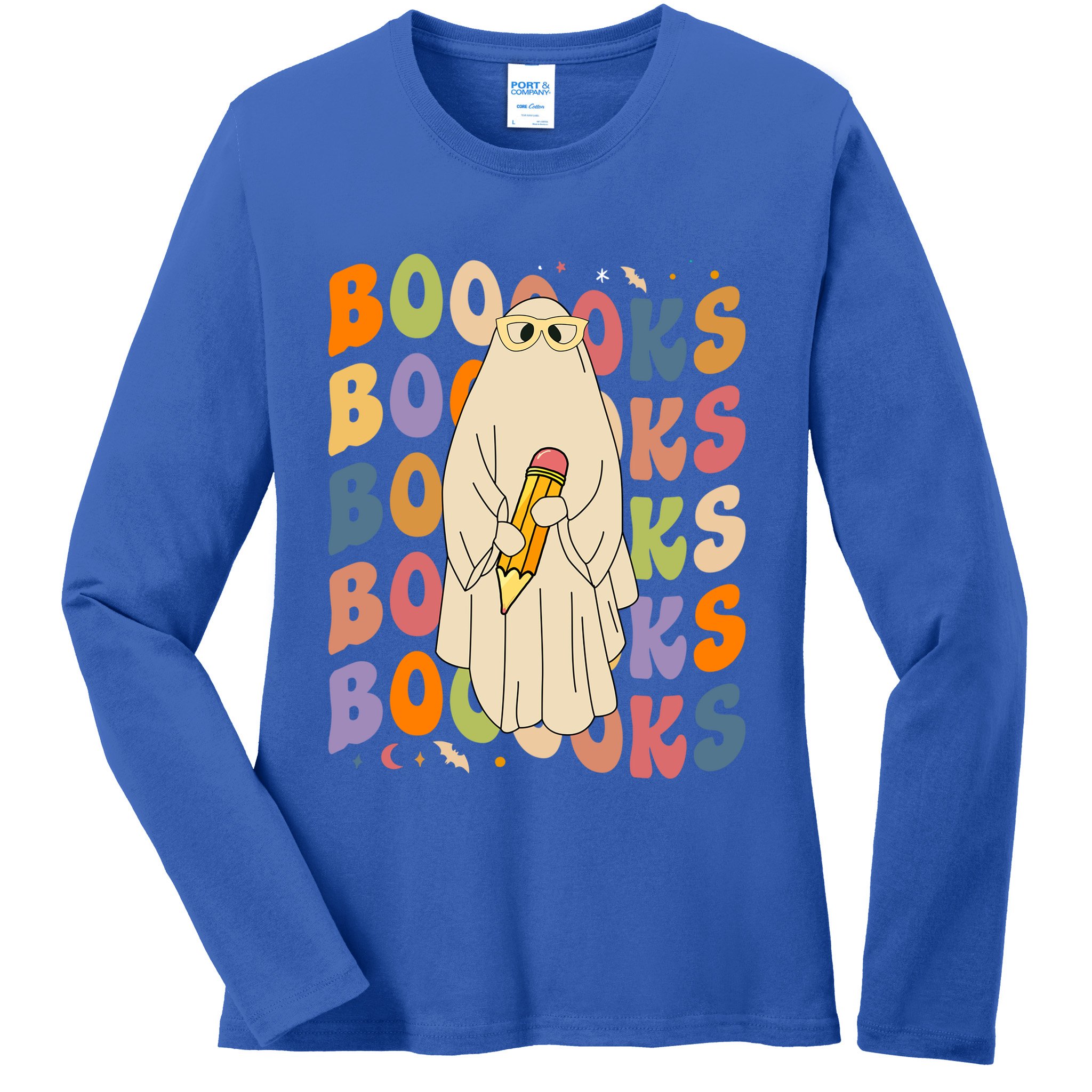 Retro Booooks Ghost Vintage Teacher Reading Groovy Halloween Cute Gift Ladies Long Sleeve Shirt