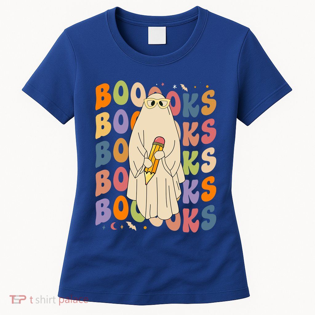 Retro Booooks Ghost Vintage Teacher Reading Groovy Halloween Cute Gift Womens T-Shirt