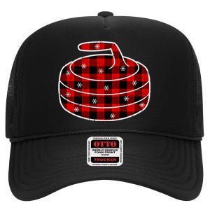 Red Black Green Plaid Christmas Sports Curling Xmas Gift High Crown Mesh Back Trucker Hat