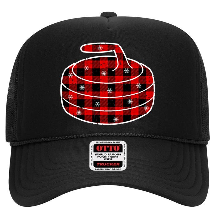 Red Black Green Plaid Christmas Sports Curling Xmas Gift High Crown Mesh Back Trucker Hat