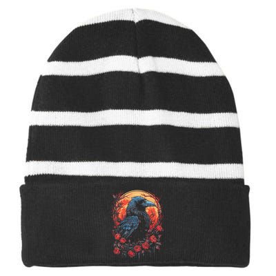 Raven Black Gothic Occult Viking Witchcraft Striped Beanie with Solid Band