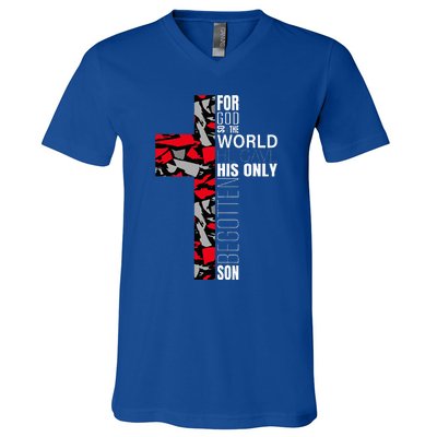 Red Black Gray Christian Cross Bible Verse Gifts Graphic V-Neck T-Shirt