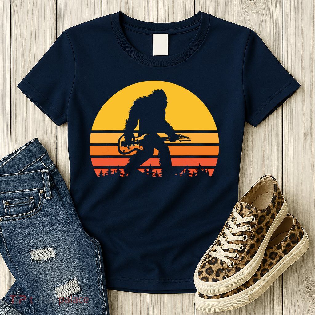 Retro Bigfoot Guitar Vintage Sasquatch Rocker Tee Womens T-Shirt