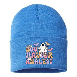 Retro Boo Havior Analyst ABA Therpist BCBA Halloween Ghost Sustainable Knit Beanie