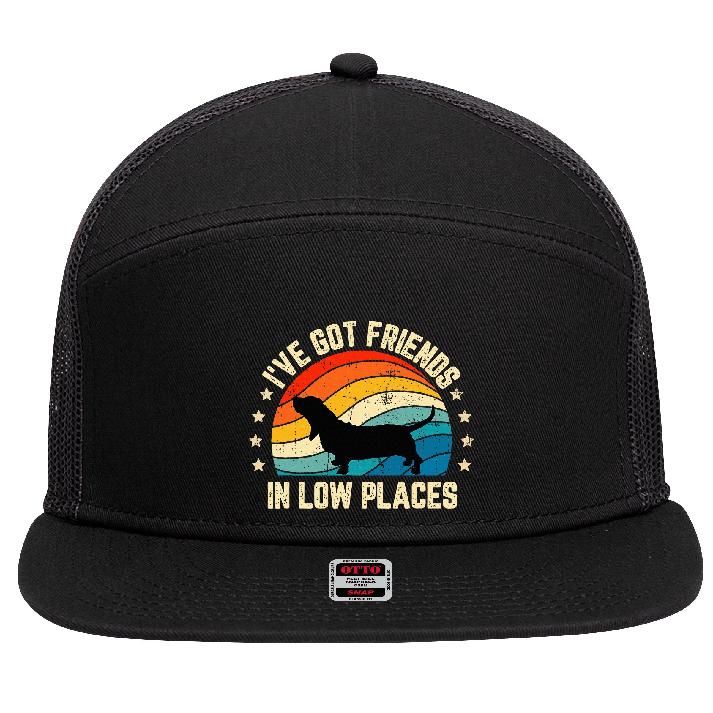 Retro Basset Hound IVe Got Friends In Low Places 7 Panel Mesh Trucker Snapback Hat