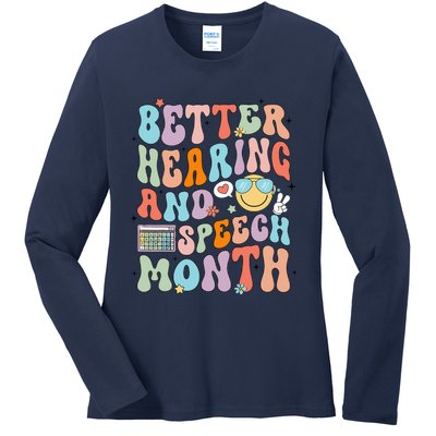 Retro Better Hearing And Speech Month Speech Pathologist Slp Ladies Long Sleeve Shirt