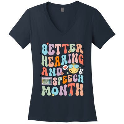 Retro Better Hearing And Speech Month Speech Pathologist Slp Women's V-Neck T-Shirt