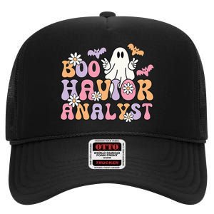 Retro Boo Havior Analyst ABA Therpist BCBA Halloween Ghost High Crown Mesh Back Trucker Hat