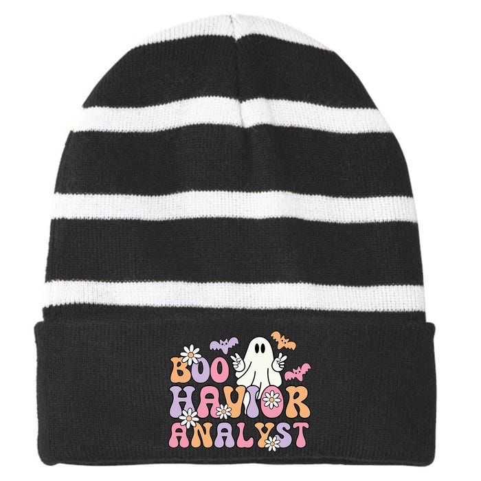 Retro Boo Havior Analyst ABA Therpist BCBA Halloween Ghost Striped Beanie with Solid Band