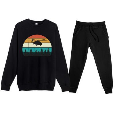 Retro Black Hawk Helicopter Pilot Vintage Air War Sunset Premium Crewneck Sweatsuit Set