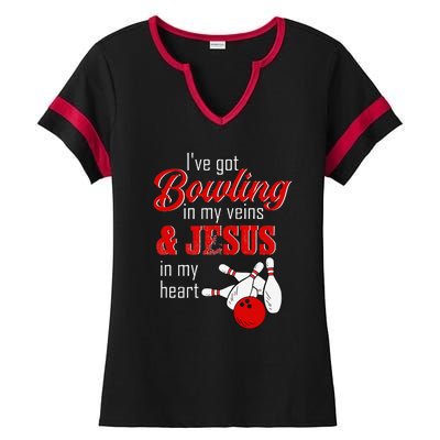 RD Bowling In My Veins Jesus In My Heart Ladies Halftime Notch Neck Tee