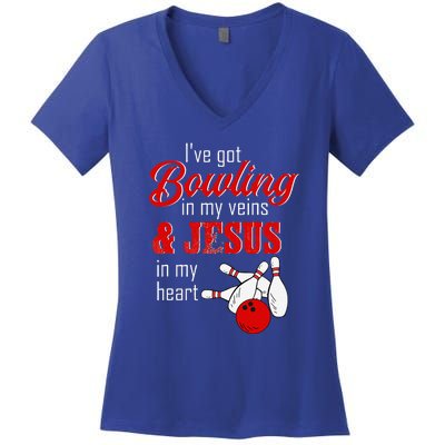 RD Bowling In My Veins Jesus In My Heart Women's V-Neck T-Shirt