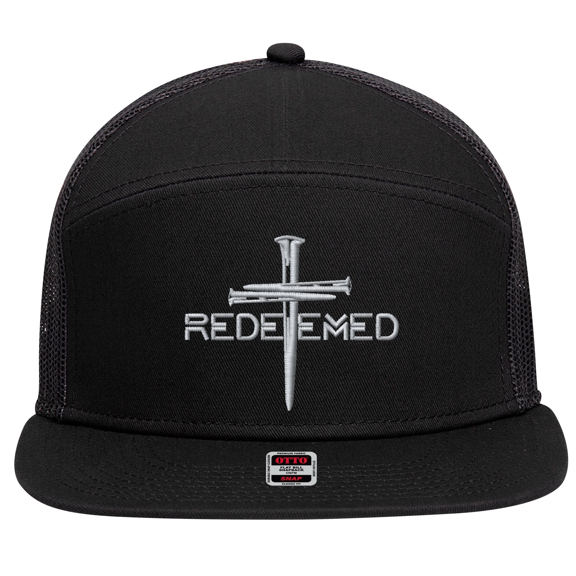 Redeemed By Jesus Christ 3 Nails Cross Christian Faith Embroidered Embroidered 7 Panel Mesh Trucker Snapback Hat