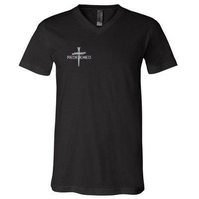 Redeemed By Jesus Christ 3 Nails Cross Christian Faith Embroidered Embroidered V-Neck T-Shirt