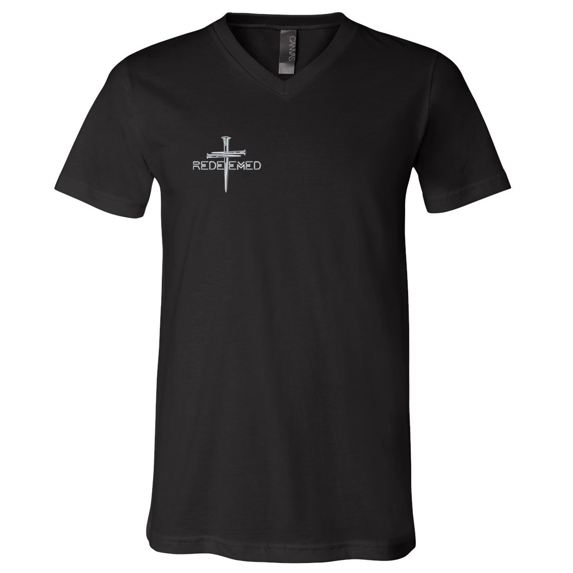 Redeemed By Jesus Christ 3 Nails Cross Christian Faith Embroidered Embroidered V-Neck T-Shirt