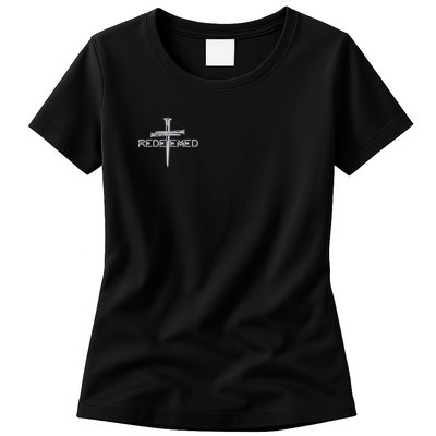 Redeemed By Jesus Christ 3 Nails Cross Christian Faith Embroidered Embroidered Womens T-Shirt
