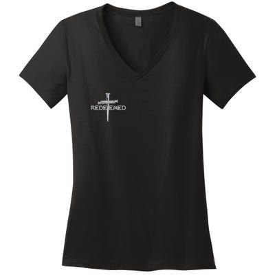 Redeemed By Jesus Christ 3 Nails Cross Christian Faith Embroidered Embroidered Women's V-Neck T-Shirt