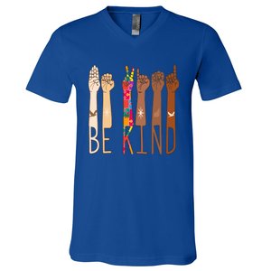 Retro Be Kind Hand Sign Language Asl Puzzle Autism Awareness Great Gift V-Neck T-Shirt