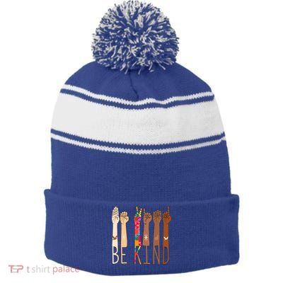 Retro Be Kind Hand Sign Language Asl Puzzle Autism Awareness Great Gift Stripe Pom Pom Beanie